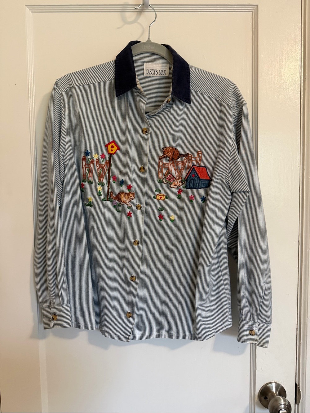 Casey & Max Cat Dog Blue Pinstripe Embroidered Button-Up Shirt